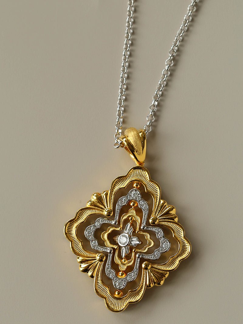 Rotating Four - Leaf Clover Necklace – Dual - Tone Gold & Silver with Pave Diamonds - floysun