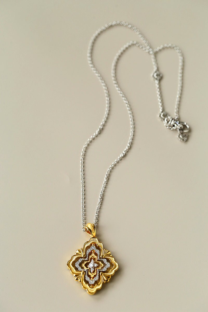 Rotating Four - Leaf Clover Necklace – Dual - Tone Gold & Silver with Pave Diamonds - floysun