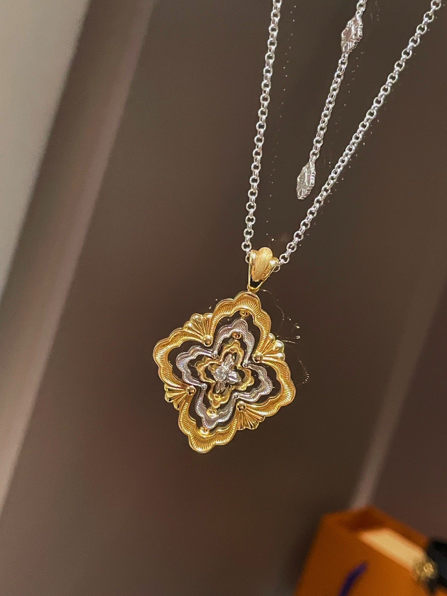 Rotating Four - Leaf Clover Necklace – Dual - Tone Gold & Silver with Pave Diamonds - floysun