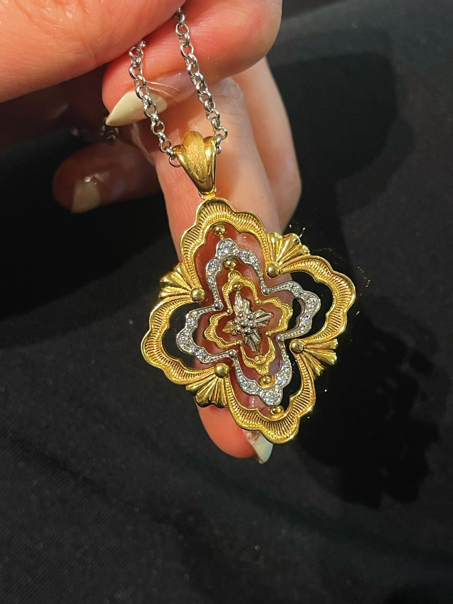 Rotating Four - Leaf Clover Necklace – Dual - Tone Gold & Silver with Pave Diamonds - floysun