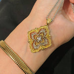 Rotating Four - Leaf Clover Necklace – Dual - Tone Gold & Silver with Pave Diamonds - floysun
