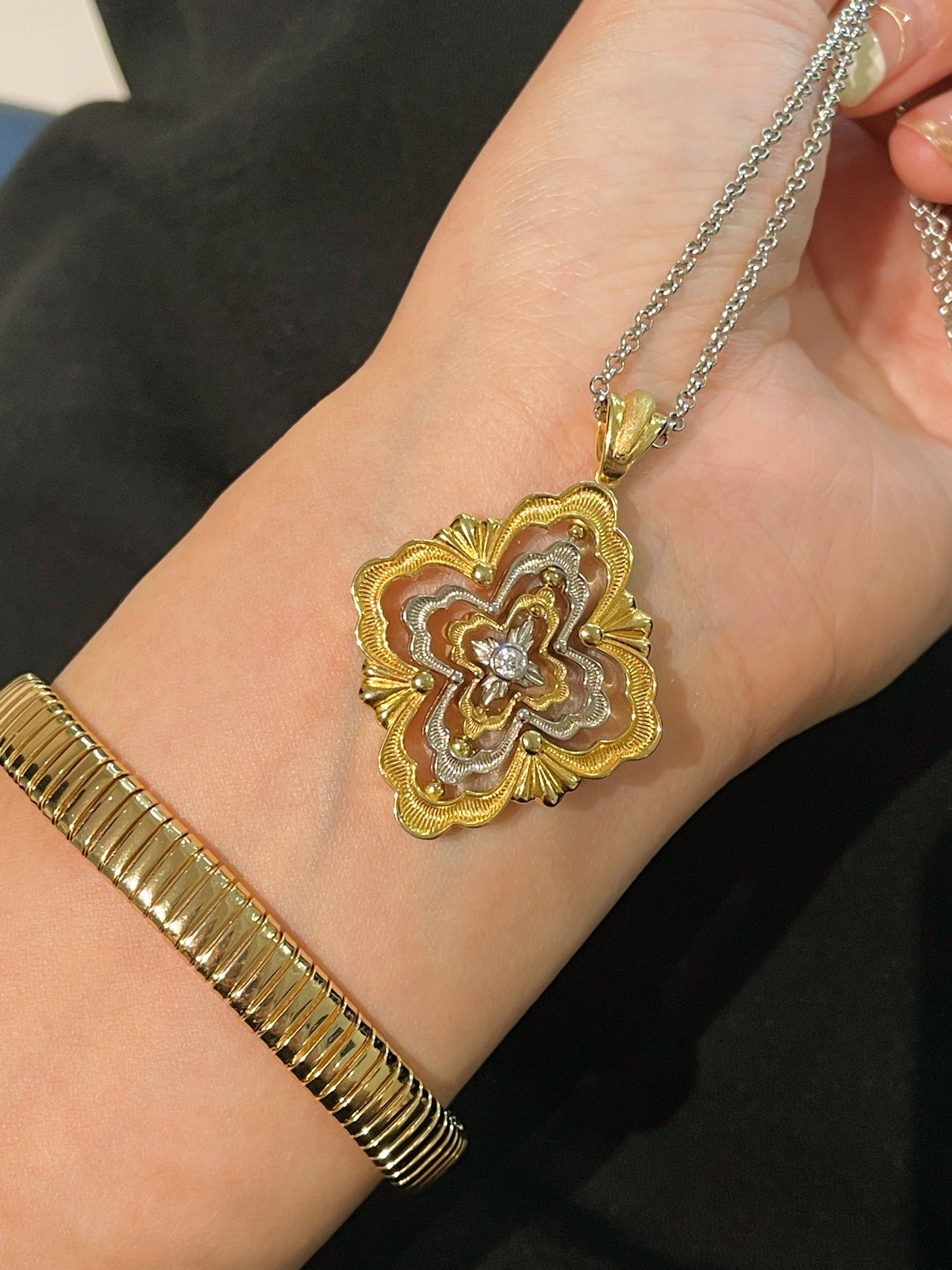 Rotating Four - Leaf Clover Necklace – Dual - Tone Gold & Silver with Pave Diamonds - floysun