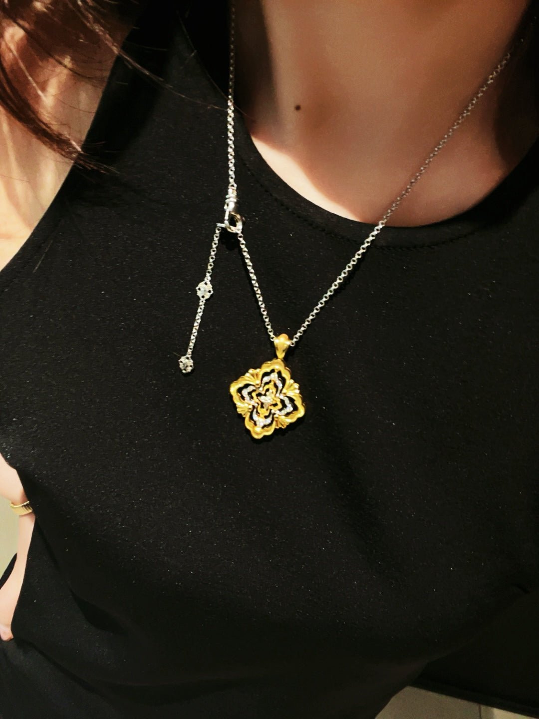 Rotating Four - Leaf Clover Necklace – Dual - Tone Gold & Silver with Pave Diamonds - floysun