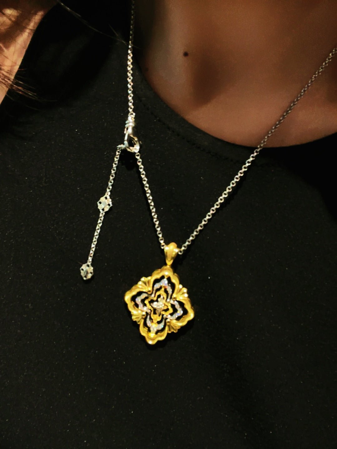 Rotating Four - Leaf Clover Necklace – Dual - Tone Gold & Silver with Pave Diamonds - floysun