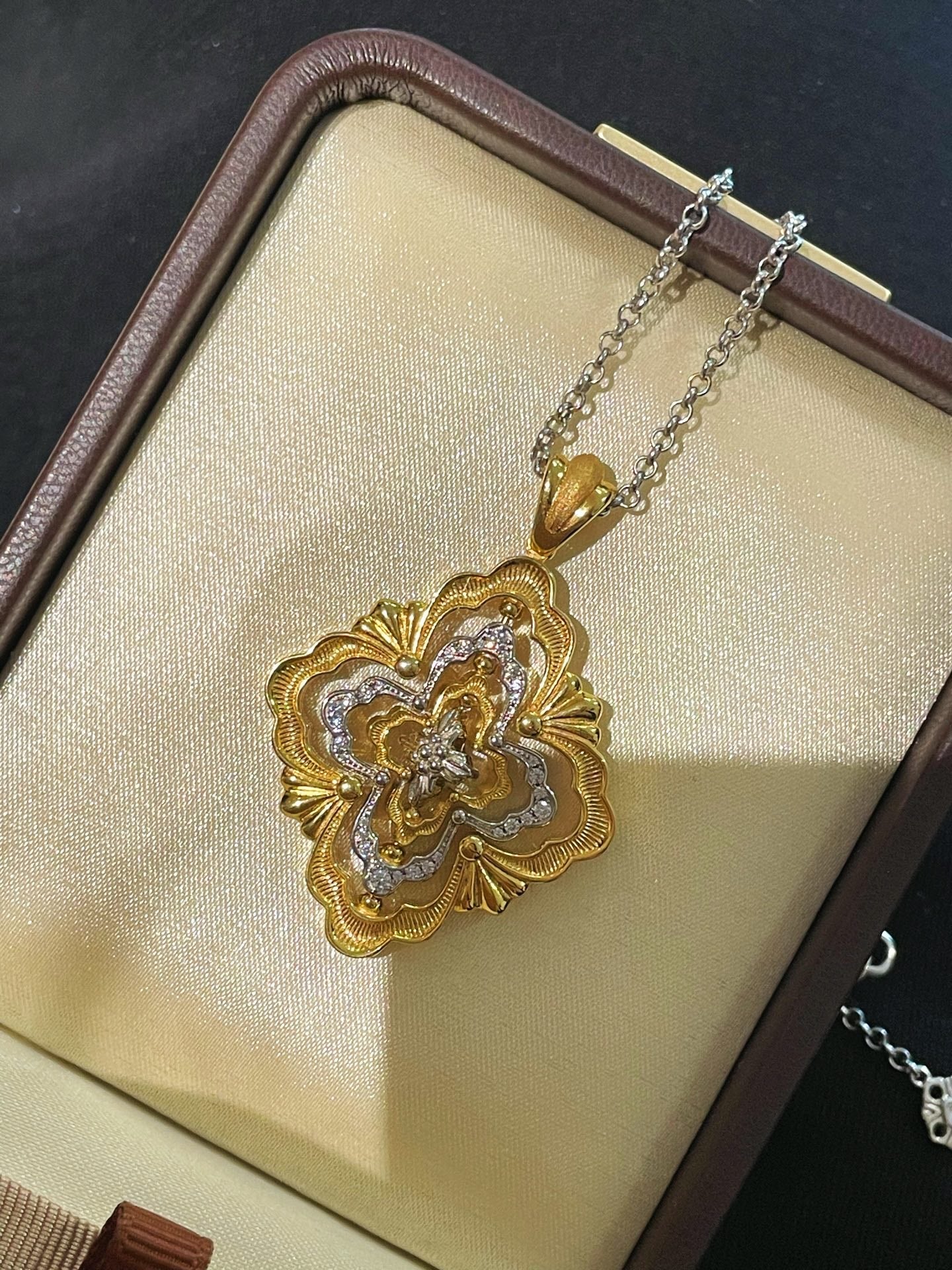 Rotating Four - Leaf Clover Necklace – Dual - Tone Gold & Silver with Pave Diamonds - floysun
