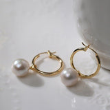 Round Baroque Pearl Drop Hoop Earrings - floysun