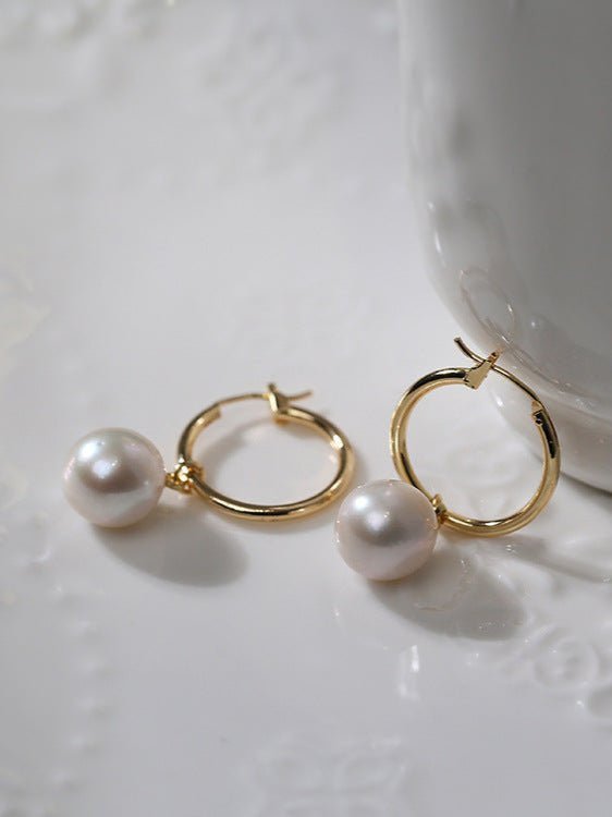 Round Baroque Pearl Drop Hoop Earrings - floysun