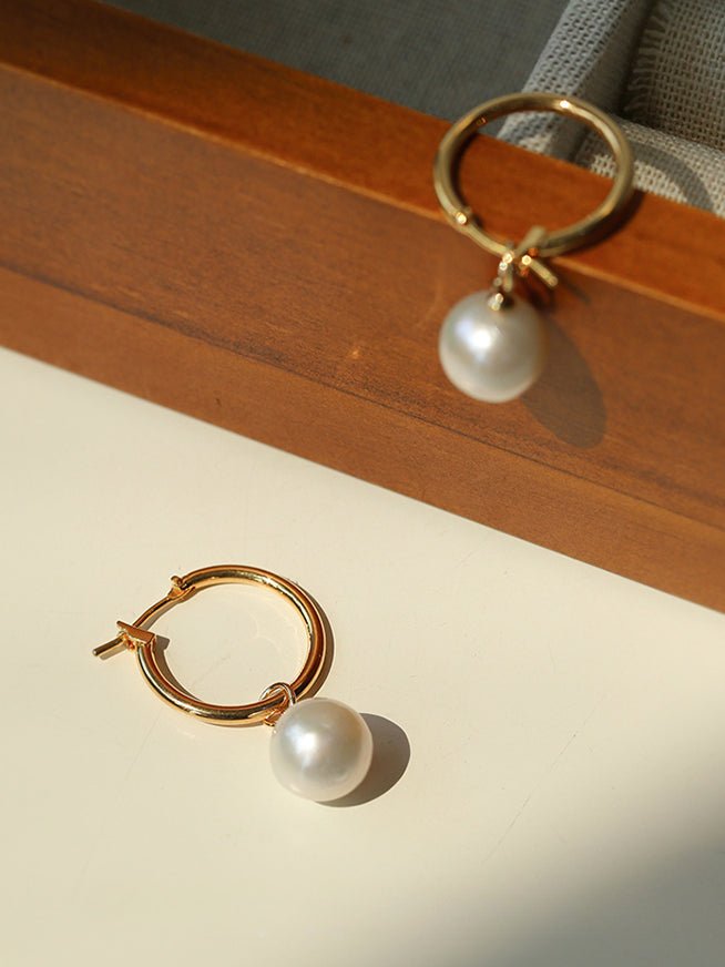 Round Baroque Pearl Drop Hoop Earrings - floysun