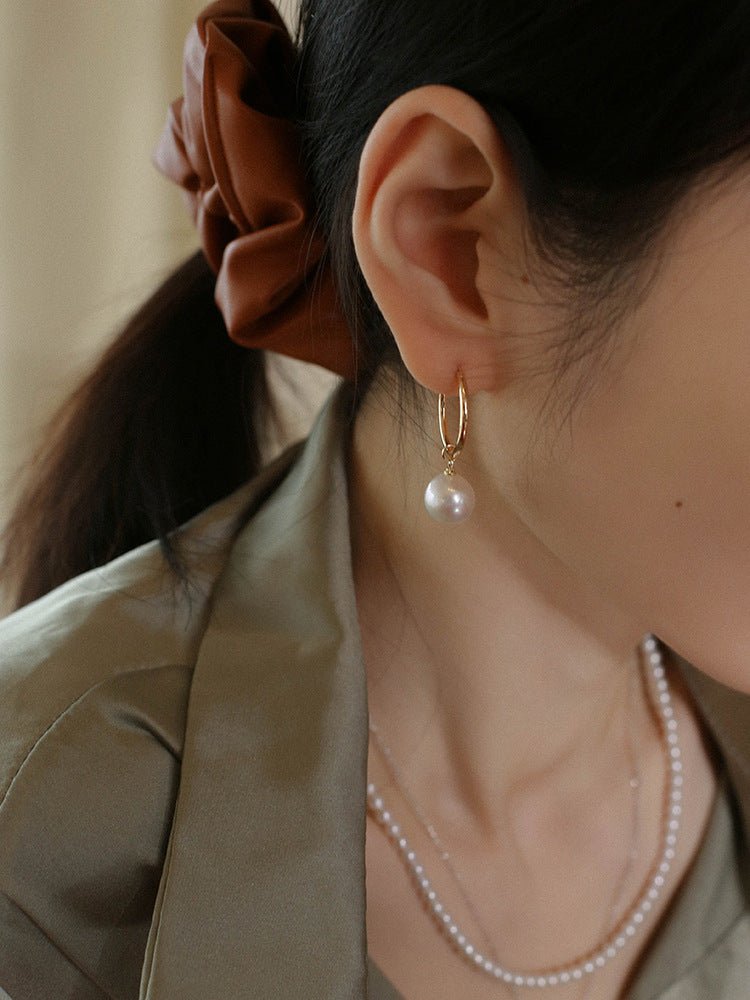 Round Baroque Pearl Drop Hoop Earrings - floysun