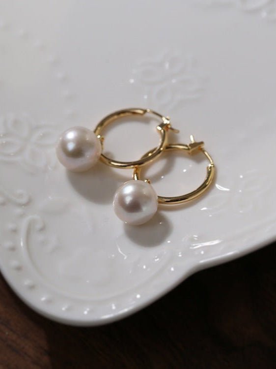 Round Baroque Pearl Drop Hoop Earrings - floysun