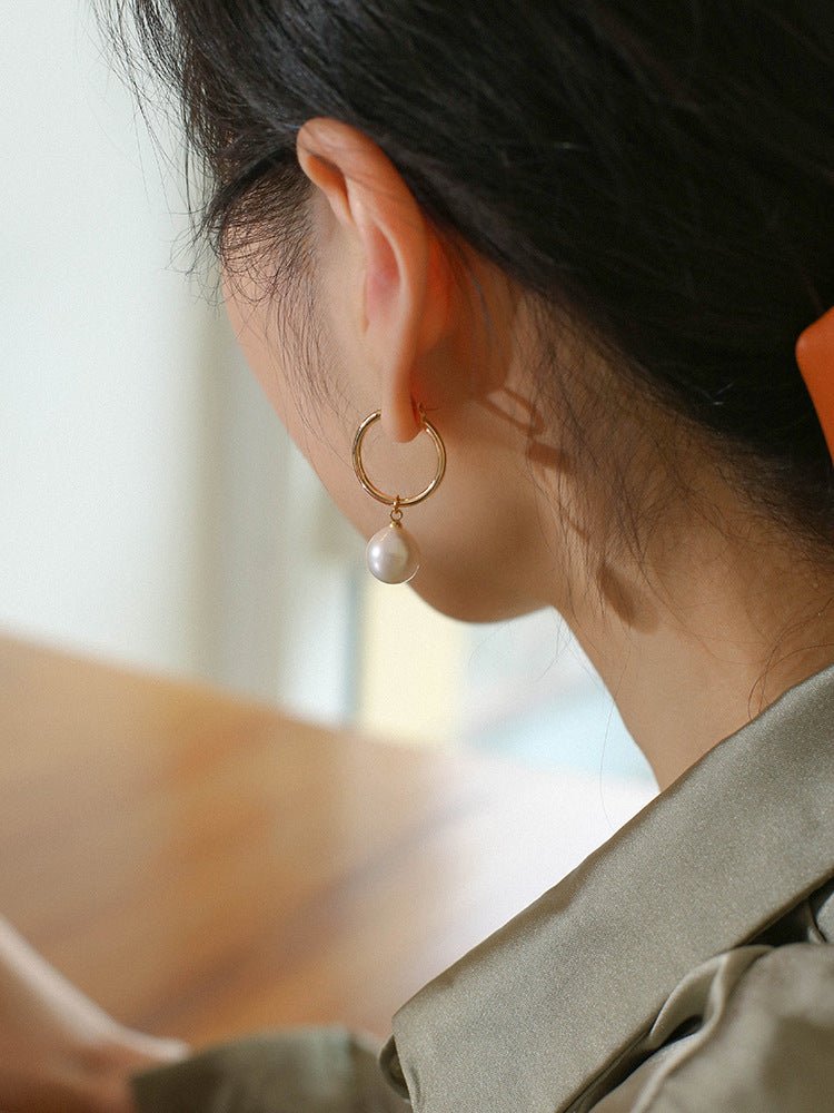 Round Baroque Pearl Drop Hoop Earrings - floysun