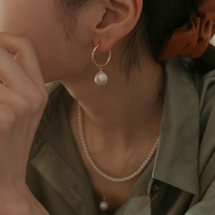 Round Baroque Pearl Drop Hoop Earrings - floysun