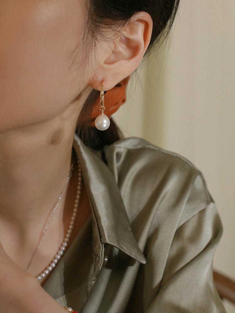 Round Baroque Pearl Drop Hoop Earrings - floysun