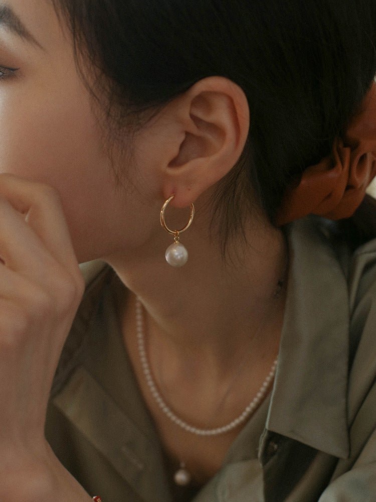 Round Baroque Pearl Drop Hoop Earrings - floysun