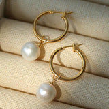 Round Baroque Pearl Drop Hoop Earrings - floysun