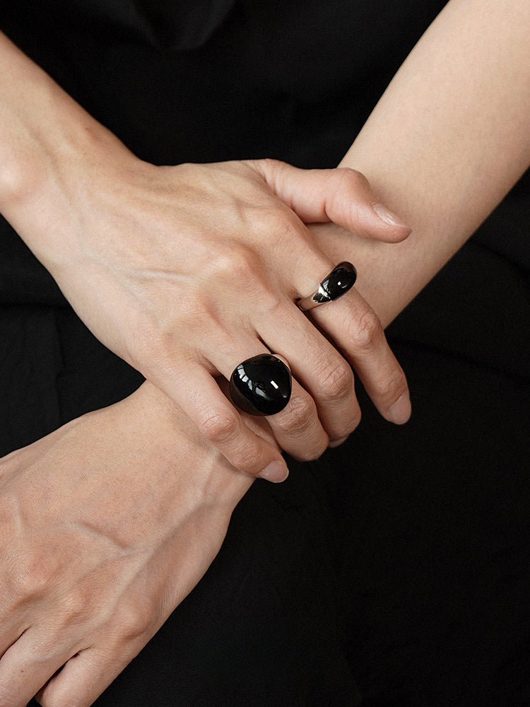 S925 Sterling Silver Irregular Black Agate Rings - floysun