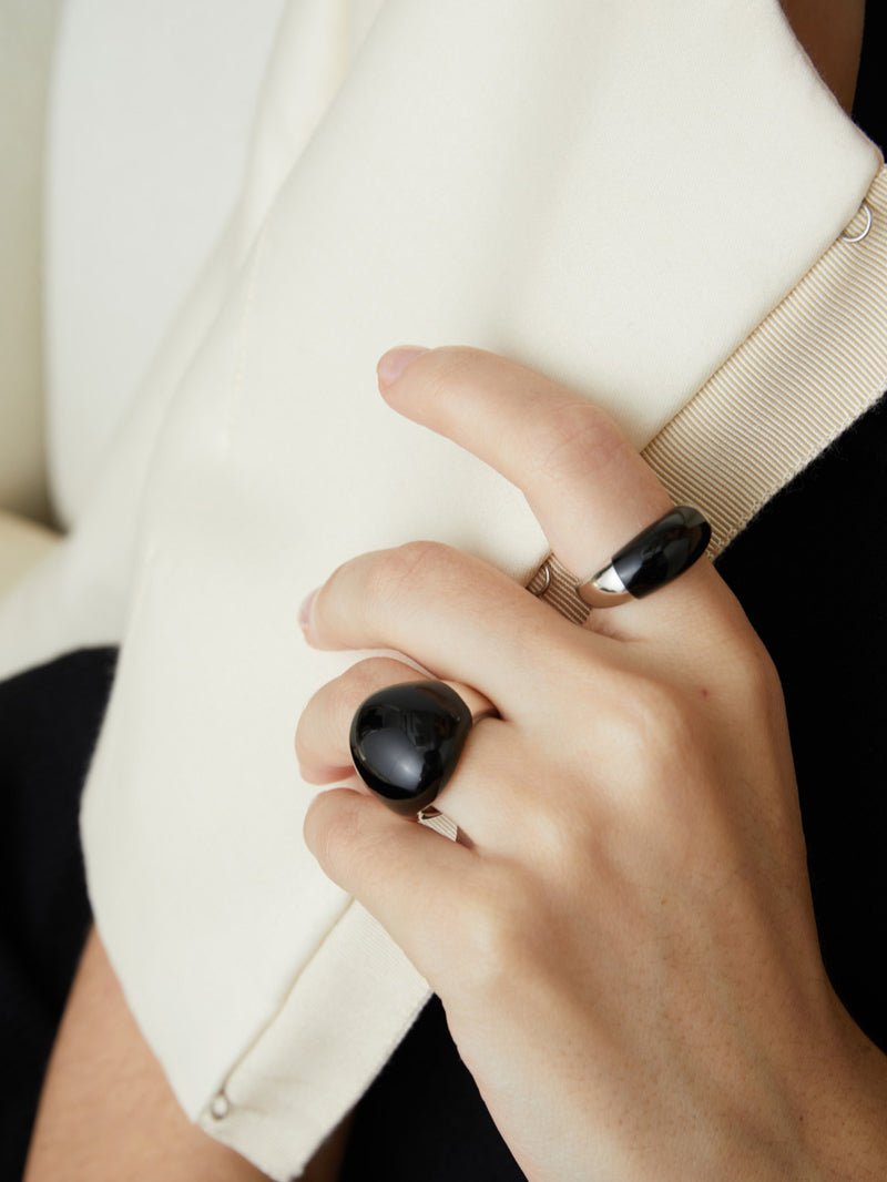 S925 Sterling Silver Irregular Black Agate Rings - floysun