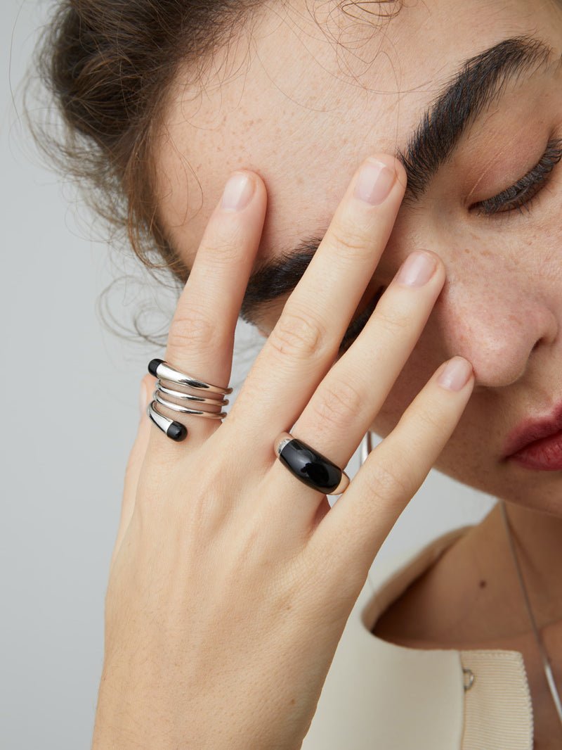 S925 Sterling Silver Irregular Black Agate Rings - floysun