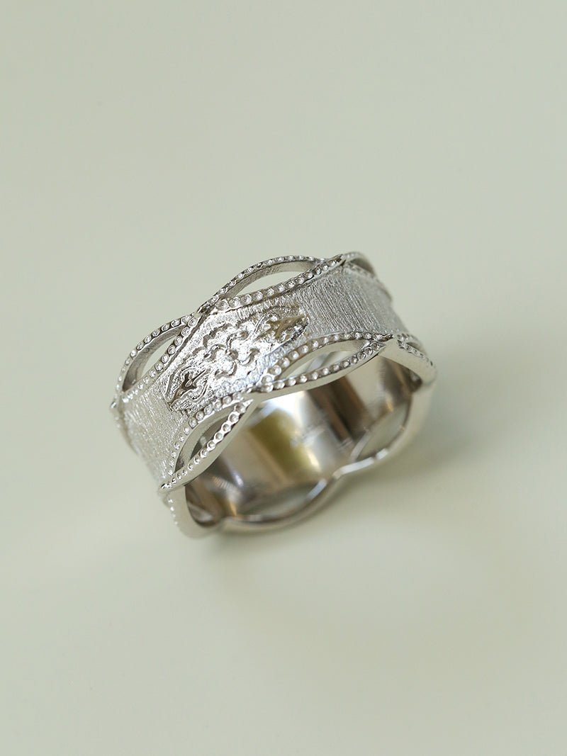 Satin Floral Wide Ring – Hollow Design in Brushed 925 Sterling Silver - floysun