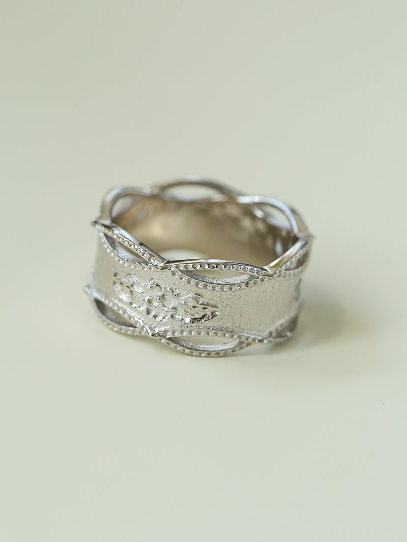 Satin Floral Wide Ring – Hollow Design in Brushed 925 Sterling Silver - floysun
