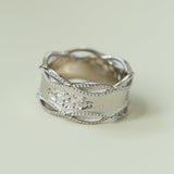 Satin Floral Wide Ring – Hollow Design in Brushed 925 Sterling Silver - floysun