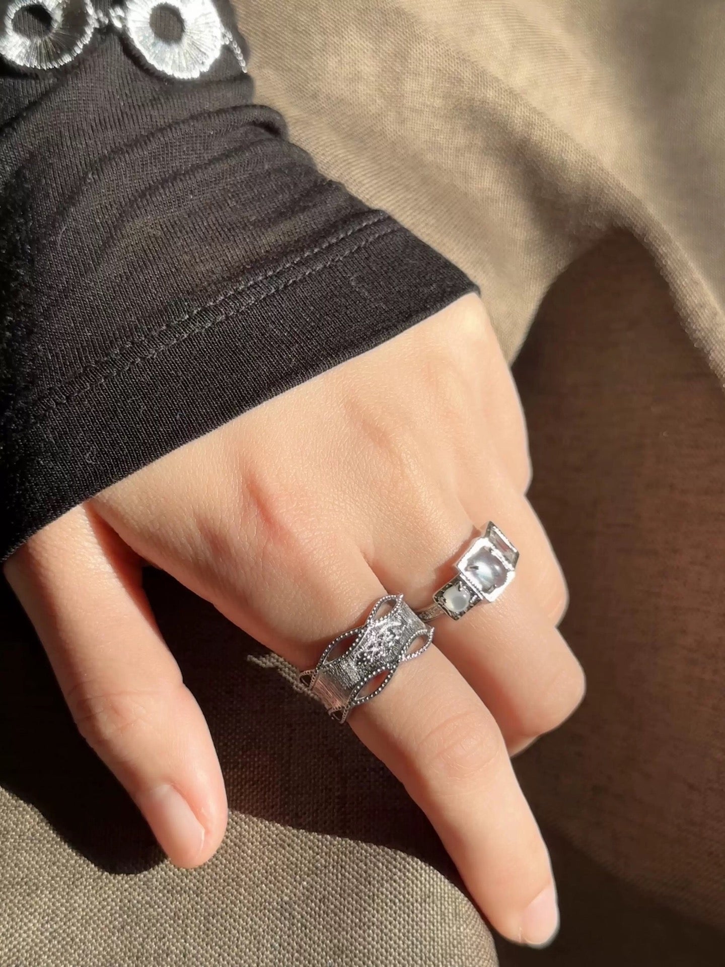 Satin Floral Wide Ring – Hollow Design in Brushed 925 Sterling Silver - floysun