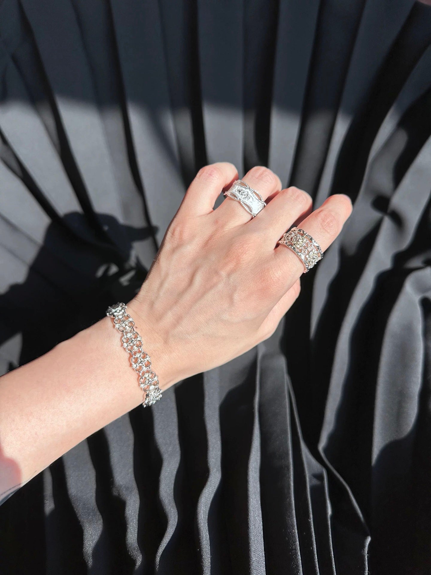 Satin Floral Wide Ring – Hollow Design in Brushed 925 Sterling Silver - floysun