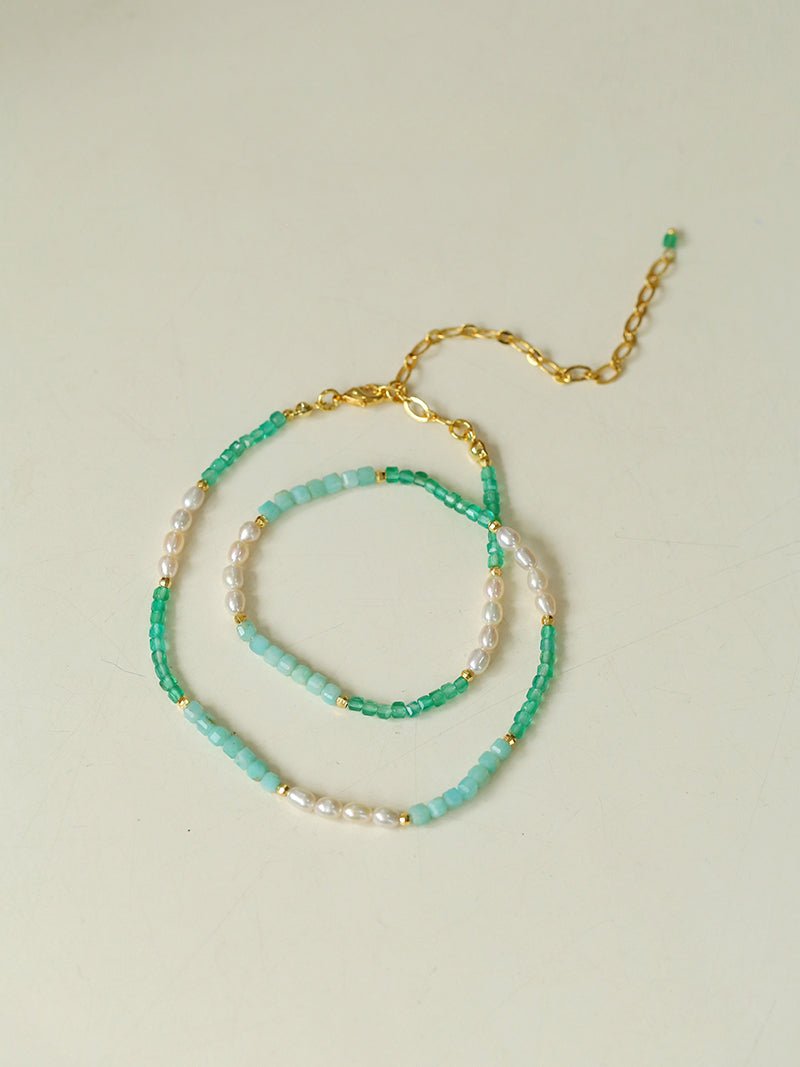 Secret Garden Colored Stone Beaded Necklace - Green Onyx Aquamarine - floysun