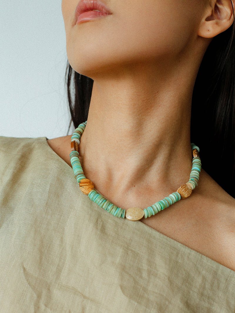 Shell & Picture Stone Beaded Necklace – Coastal Green Boho Chic - floysun