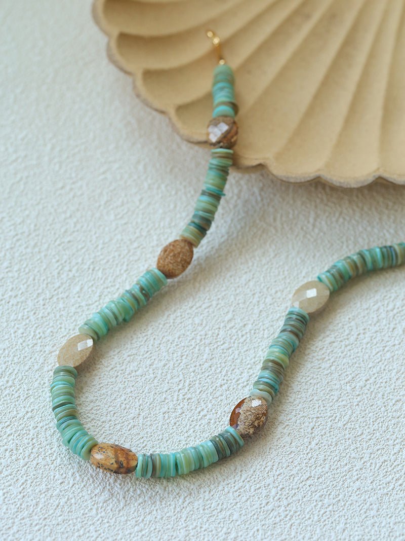 Shell & Picture Stone Beaded Necklace – Coastal Green Boho Chic - floysun