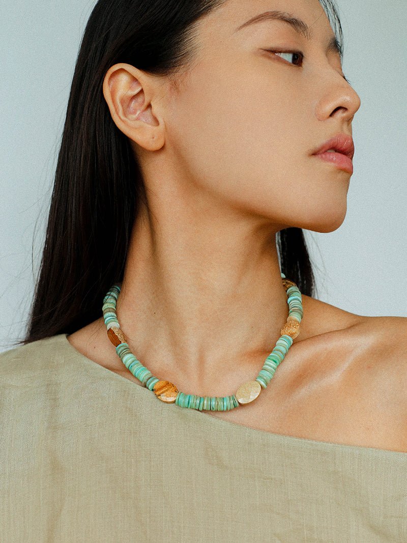 Shell & Picture Stone Beaded Necklace – Coastal Green Boho Chic - floysun