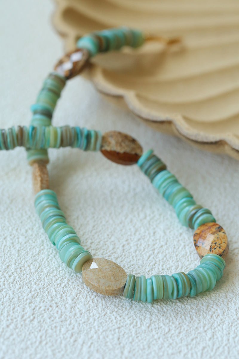 Shell & Picture Stone Beaded Necklace – Coastal Green Boho Chic - floysun