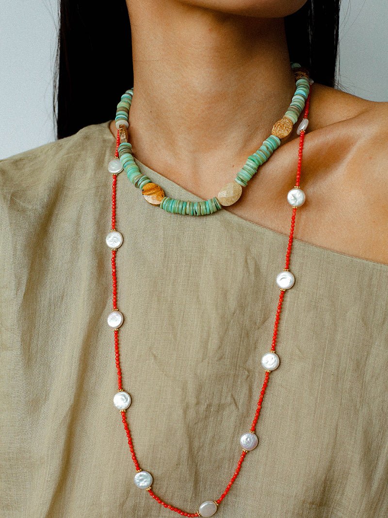 Shell & Picture Stone Beaded Necklace – Coastal Green Boho Chic - floysun