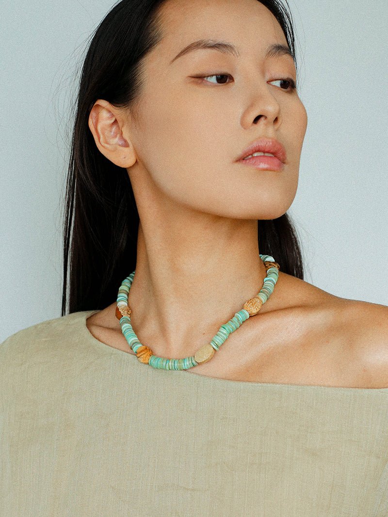 Shell & Picture Stone Beaded Necklace – Coastal Green Boho Chic - floysun