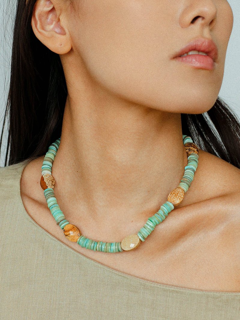 Shell & Picture Stone Beaded Necklace – Coastal Green Boho Chic - floysun