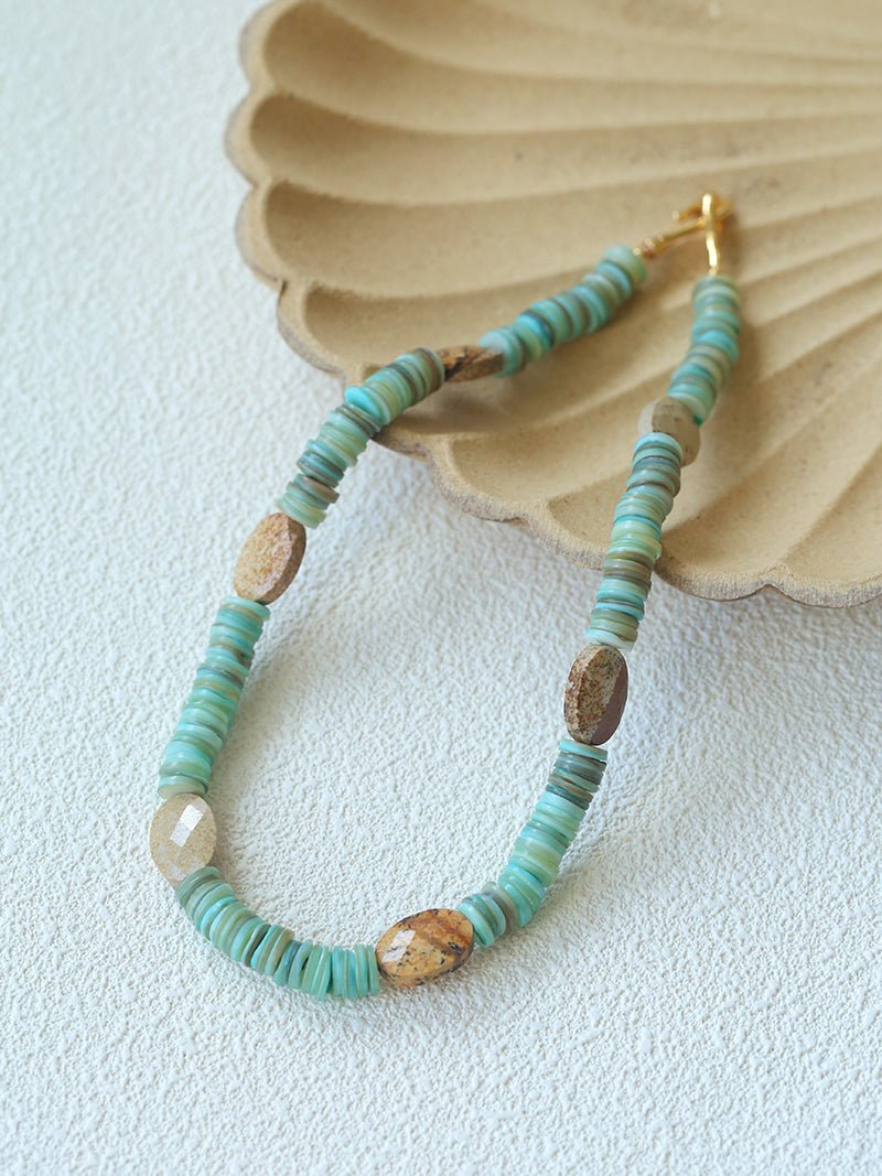 Shell & Picture Stone Beaded Necklace – Coastal Green Boho Chic - floysun
