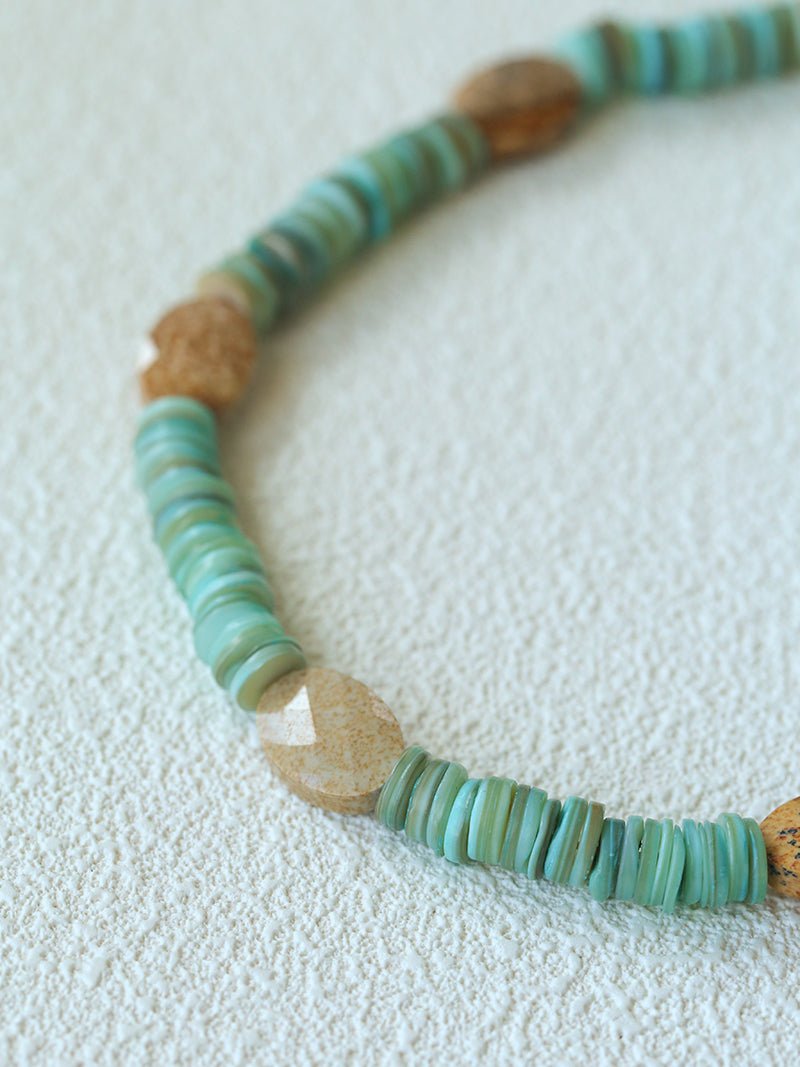 Shell & Picture Stone Beaded Necklace – Coastal Green Boho Chic - floysun