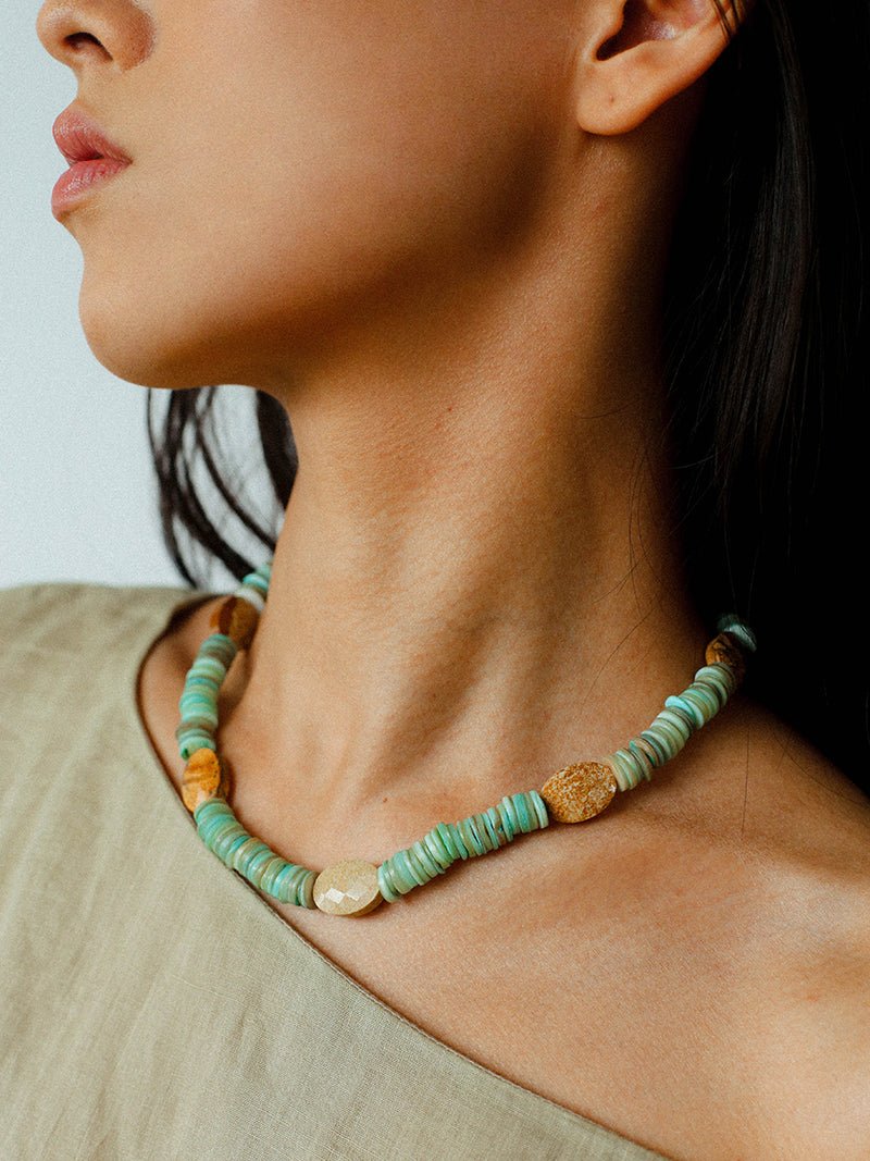 Shell & Picture Stone Beaded Necklace – Coastal Green Boho Chic - floysun