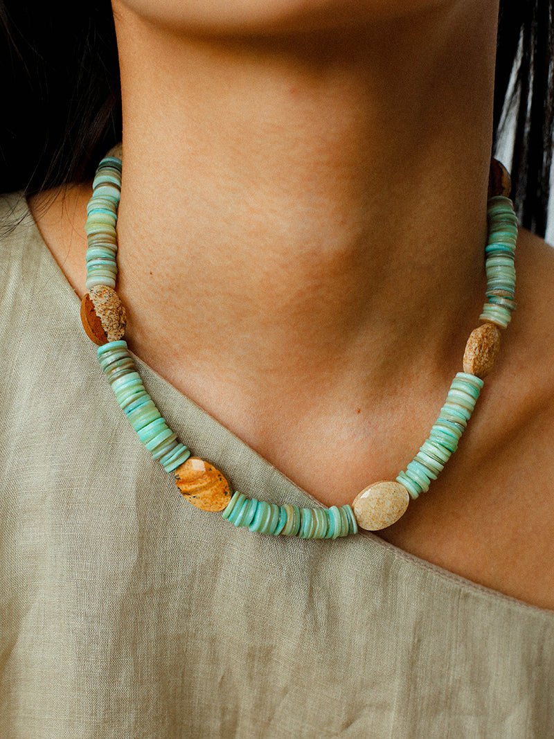 Shell & Picture Stone Beaded Necklace – Coastal Green Boho Chic - floysun