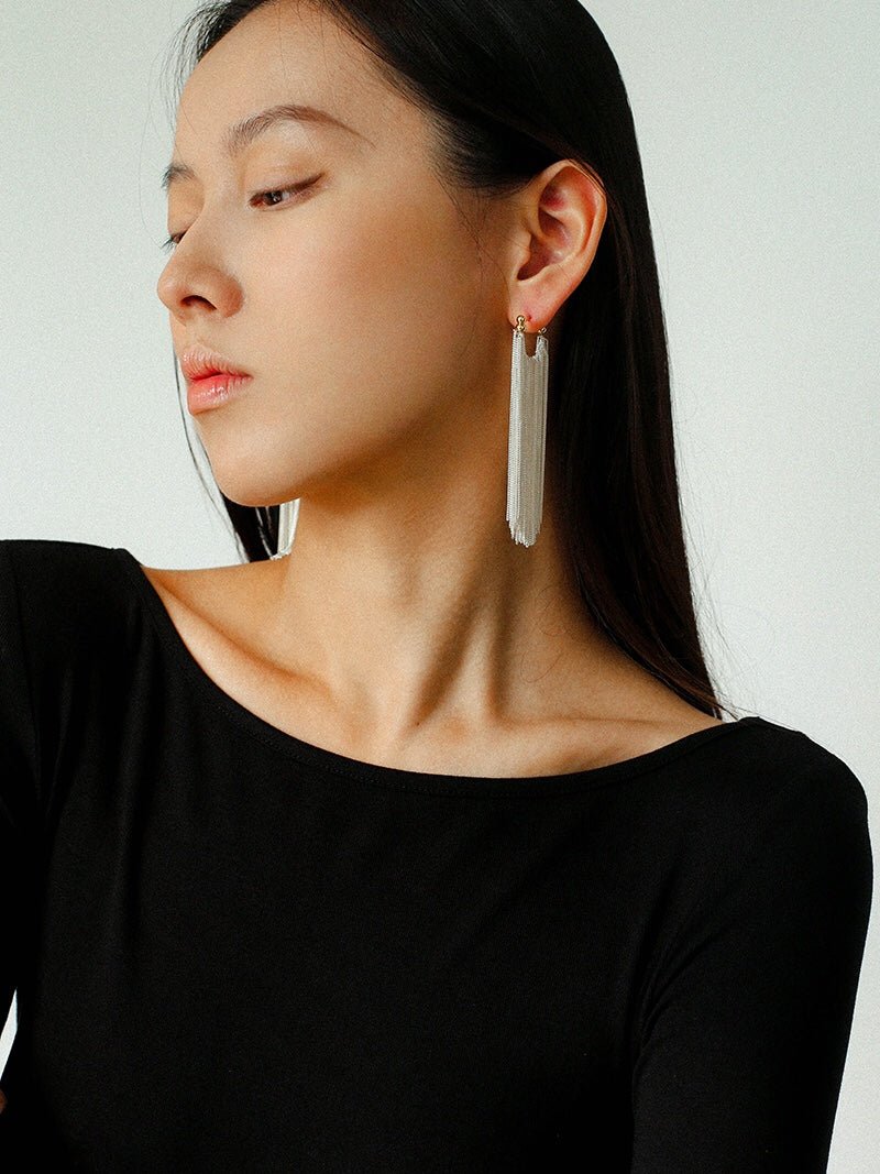 Shining Galaxy Waterfall Long Tassel Silver Earrings - floysun