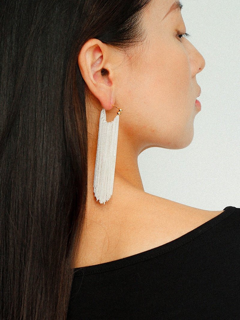 Shining Galaxy Waterfall Long Tassel Silver Earrings - floysun
