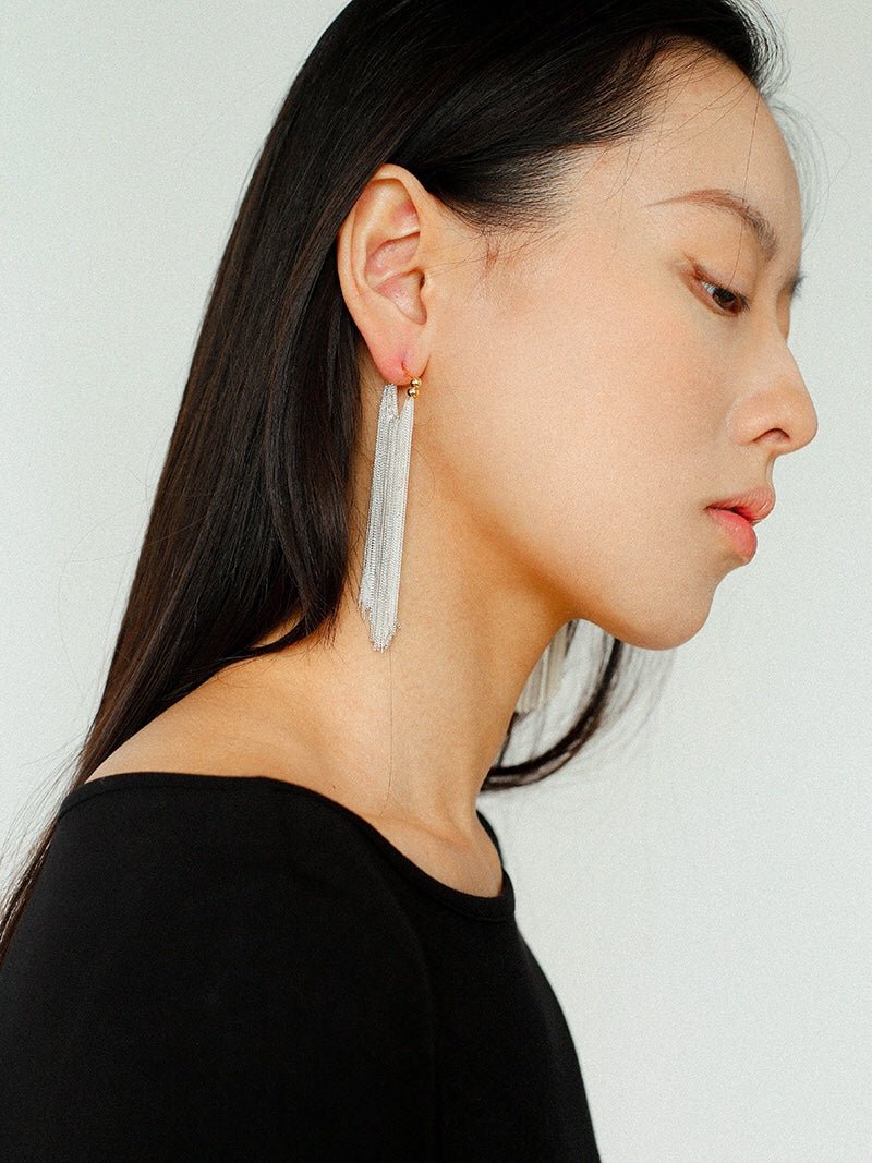 Shining Galaxy Waterfall Long Tassel Silver Earrings - floysun