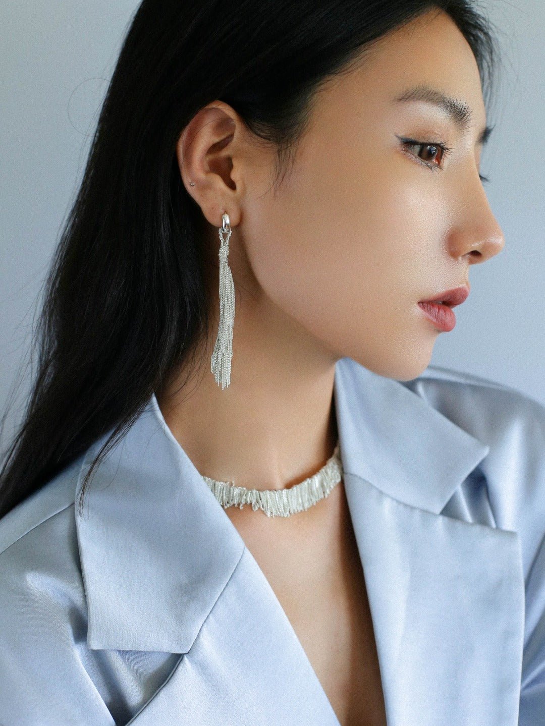 Shining Galaxy Waterfall Tassel Silver Drop Hoop Earrings - floysun