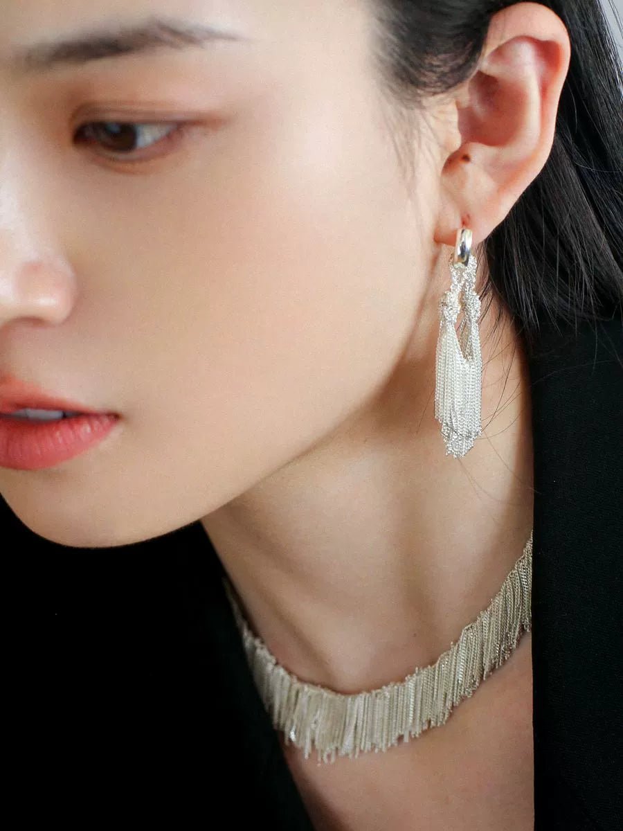 Shining Galaxy Waterfall Tassel Silver Drop Hoop Earrings - floysun