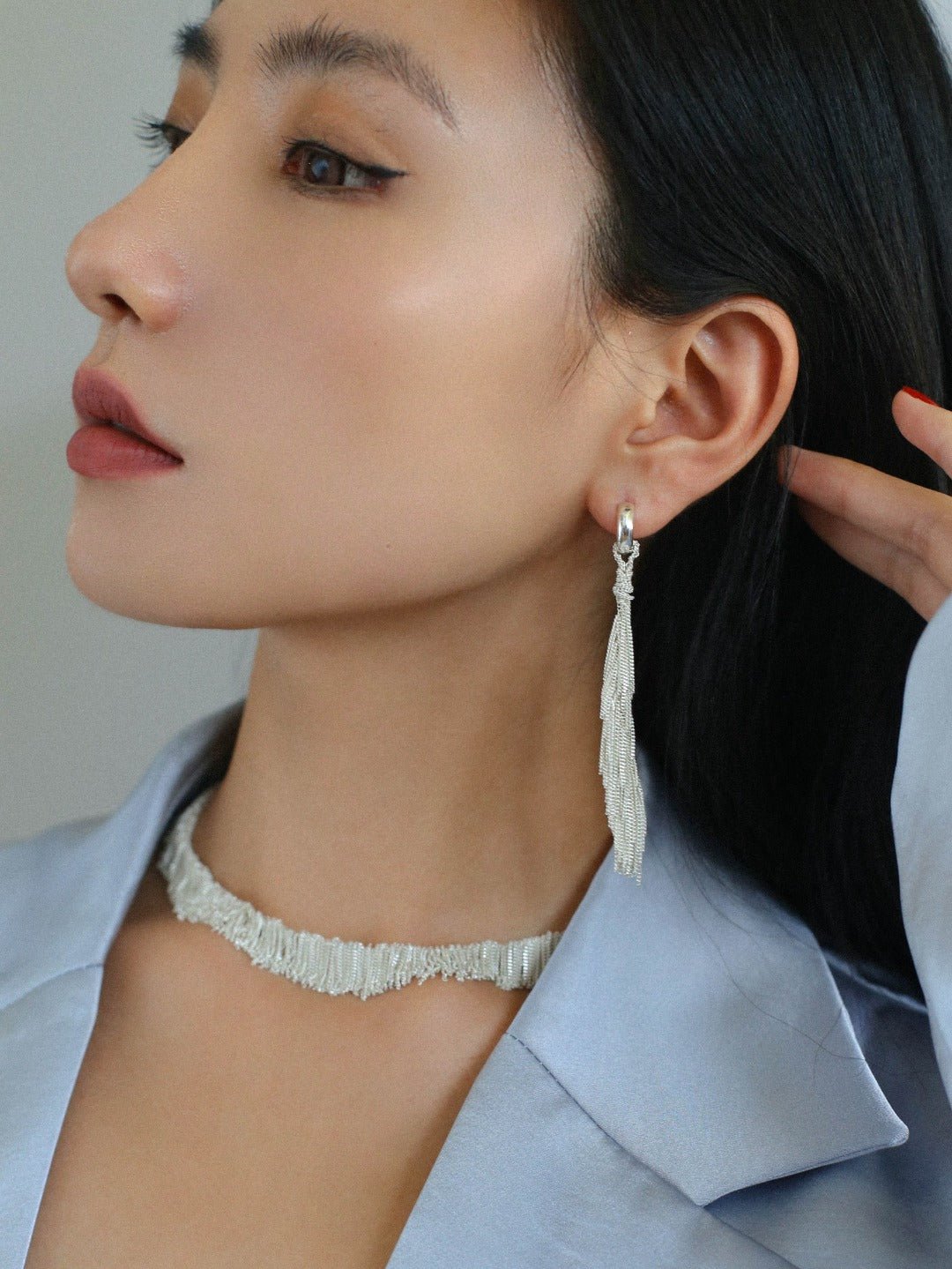 Shining Galaxy Waterfall Tassel Silver Drop Hoop Earrings - floysun