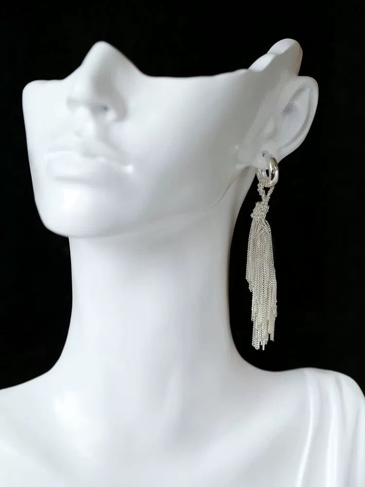 Shining Galaxy Waterfall Tassel Silver Drop Hoop Earrings - floysun
