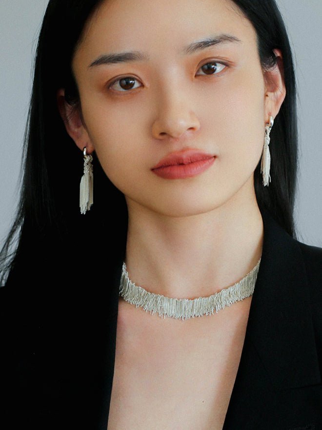 Shining Galaxy Waterfall Tassel Silver Drop Hoop Earrings - floysun