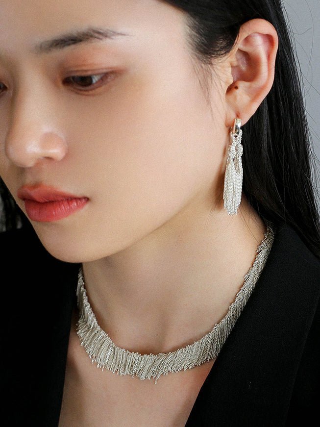 Shining Galaxy Waterfall Tassel Silver Drop Hoop Earrings - floysun