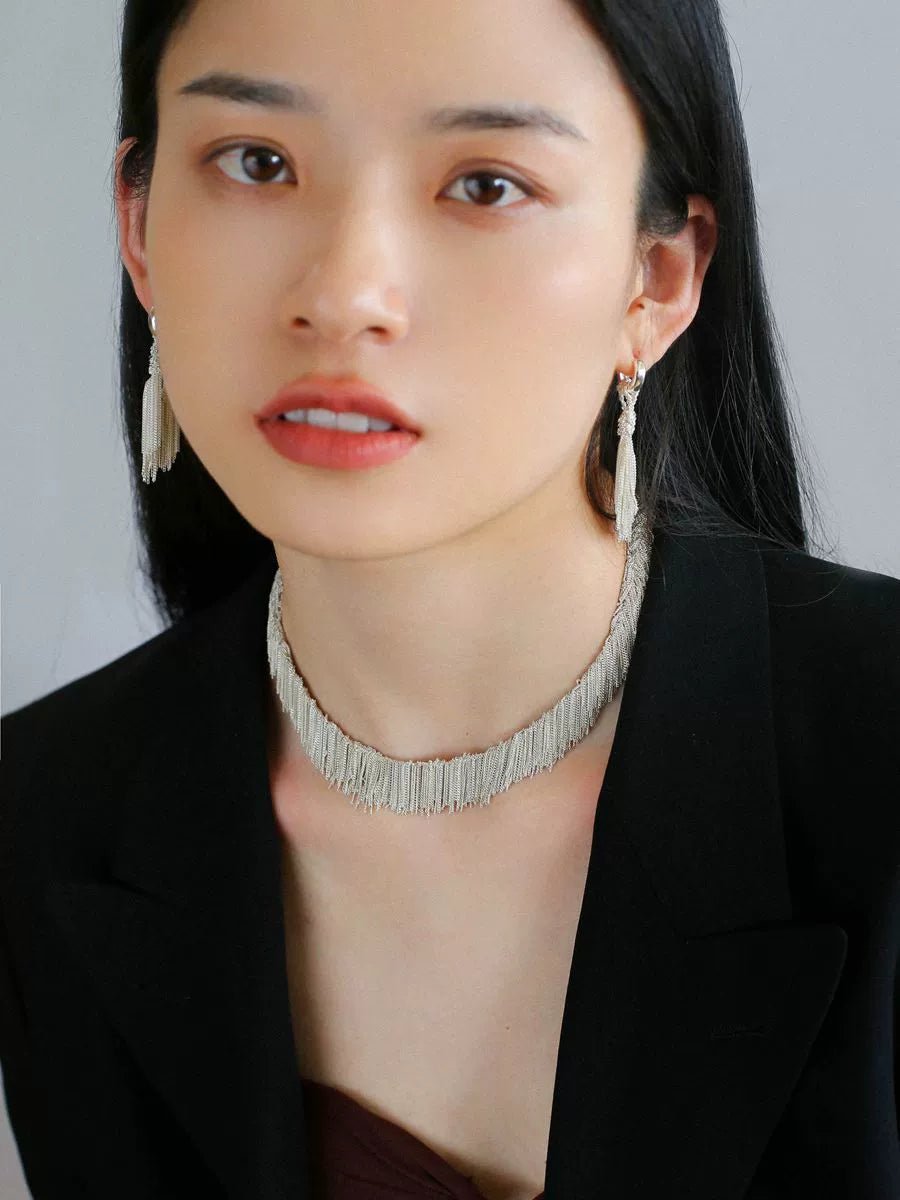 Shining Galaxy Waterfall Tassel Silver Drop Hoop Earrings - floysun
