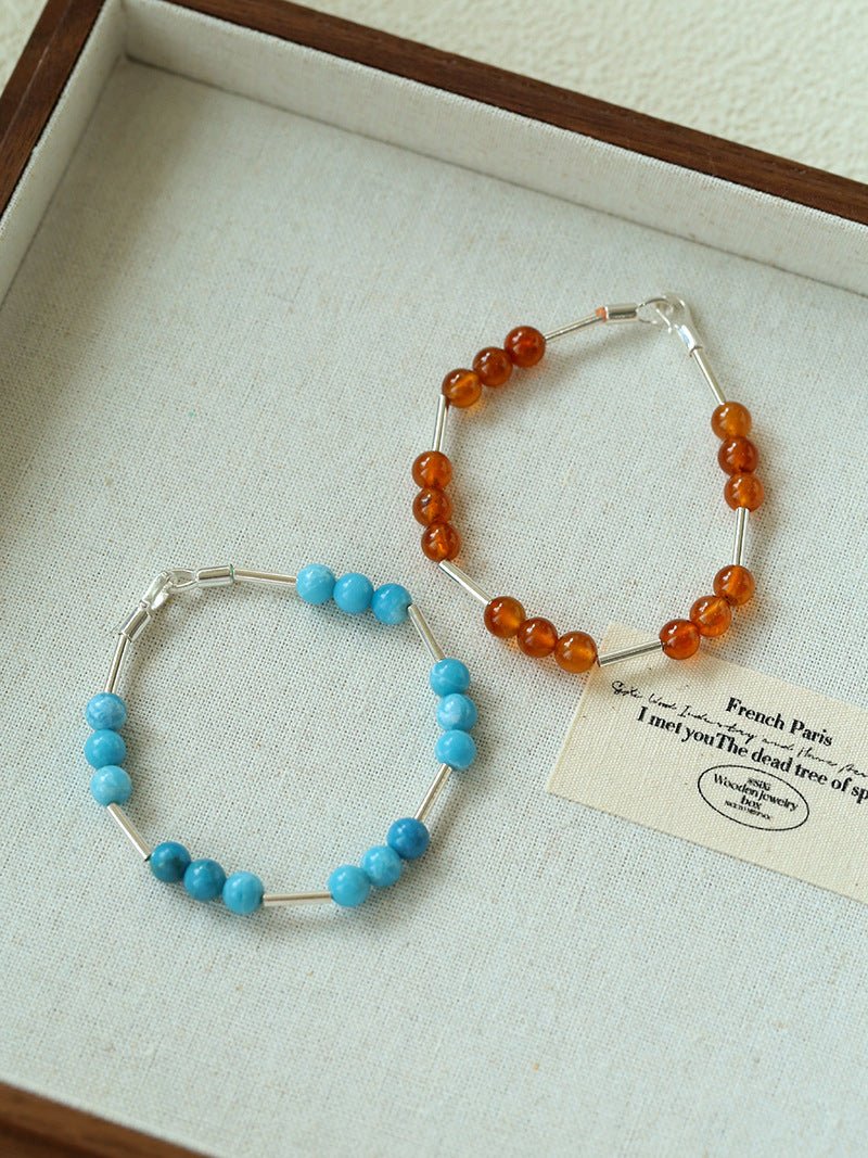 Silver Tube Red Elastic Beaded Bracelet with Garnet & Blue Aventurine - floysun
